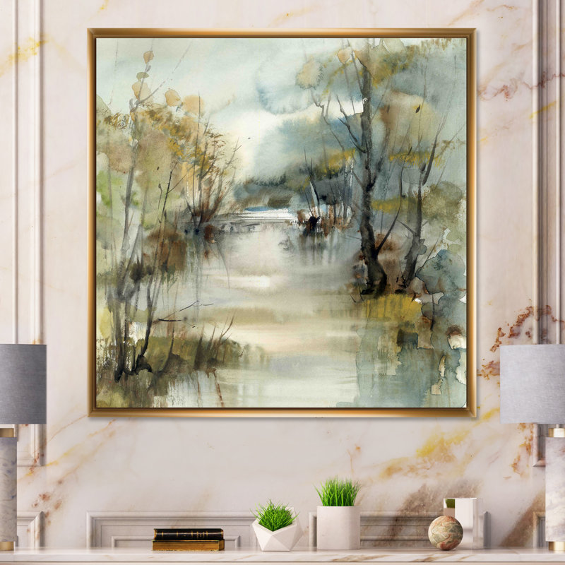 Illustration de paysage de rivière d'hiver - sur, H 36 po x l 36 po, Cadre flottant, Doré