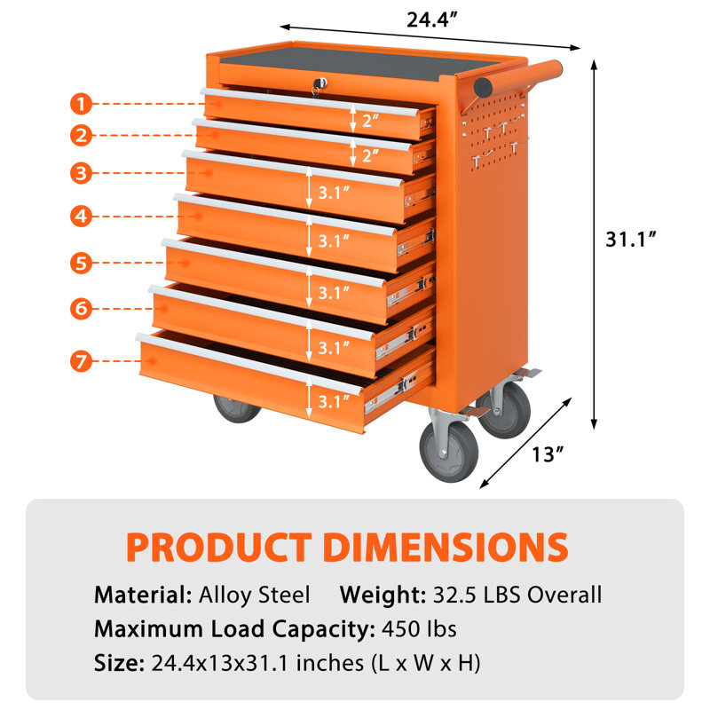 Chariot et table de travail efficaces avec glissières de tiroir lisses et organisation polyvalente, Orange