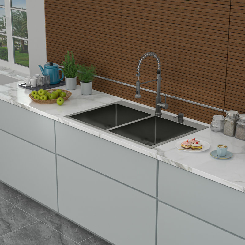 Gunmetal Black Double Bowl Drop In Sink, 33" Product Depth, 22" Width, 16 Gauge, 10" Deep Basins, 50/50 Design For Various Kitchen Cleaning Demands, Hand - Crafted With Rear 3.5 Drain, X Grooves