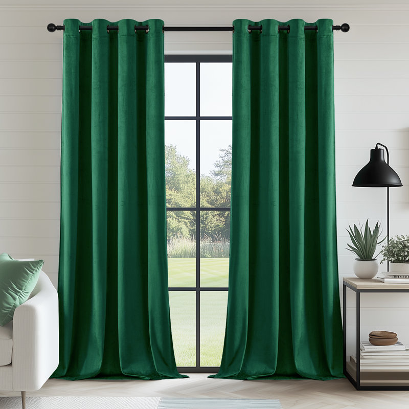 Deavion Velvet Solid Color Metal Grommets Room Darkening Curtain Panels, Dark Green, 52" W x 63" L