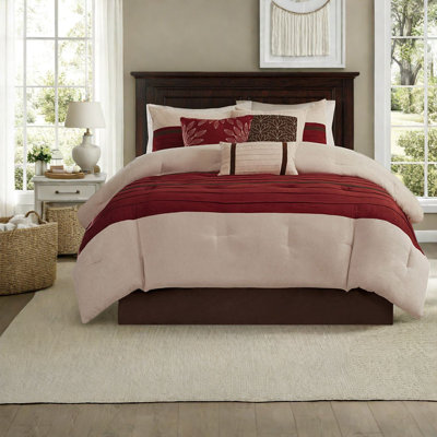 Ensemble de literie de luxe en faux suède 7 pièces, édredon en polyester rouge avec style transitionnel