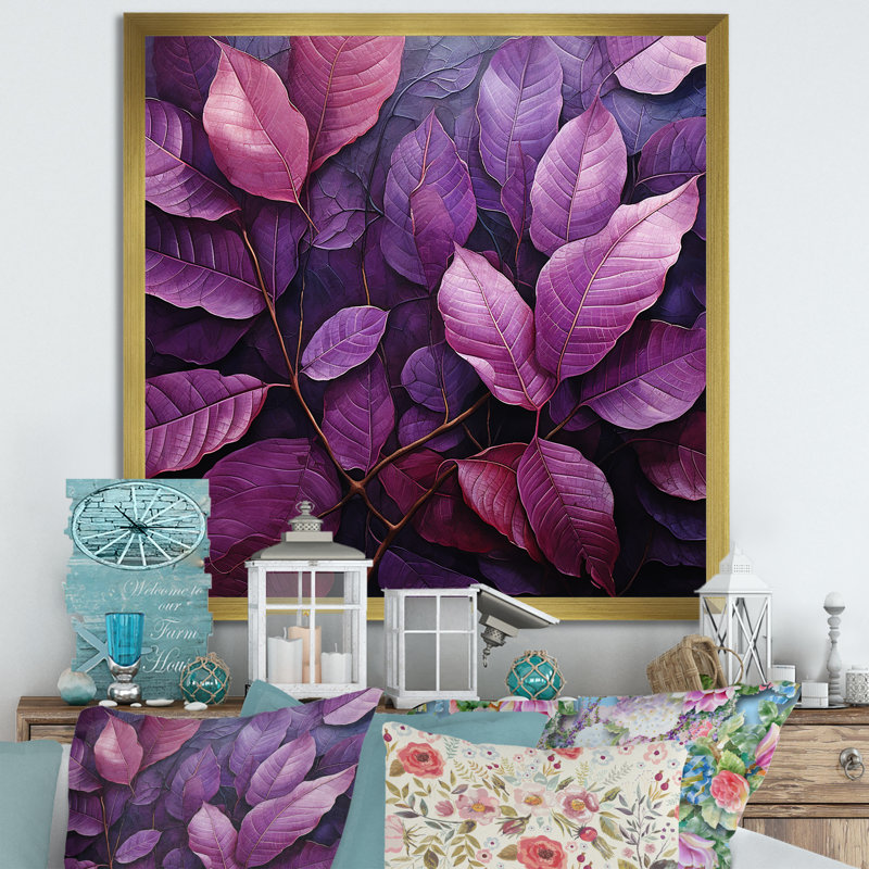 Feuillage de veines violet minimaliste, H 16 po x l 16 po x P 1 po, Cadre doré simple