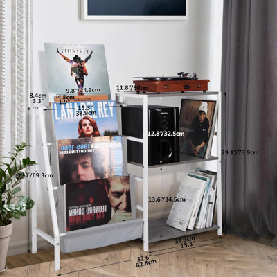Support à 3 niveaux pour tourne-disque avec présentoir et tablette de rangement latérale, armoire de rangement multifonctionnelle pour tourne-disque et organisation multimédia