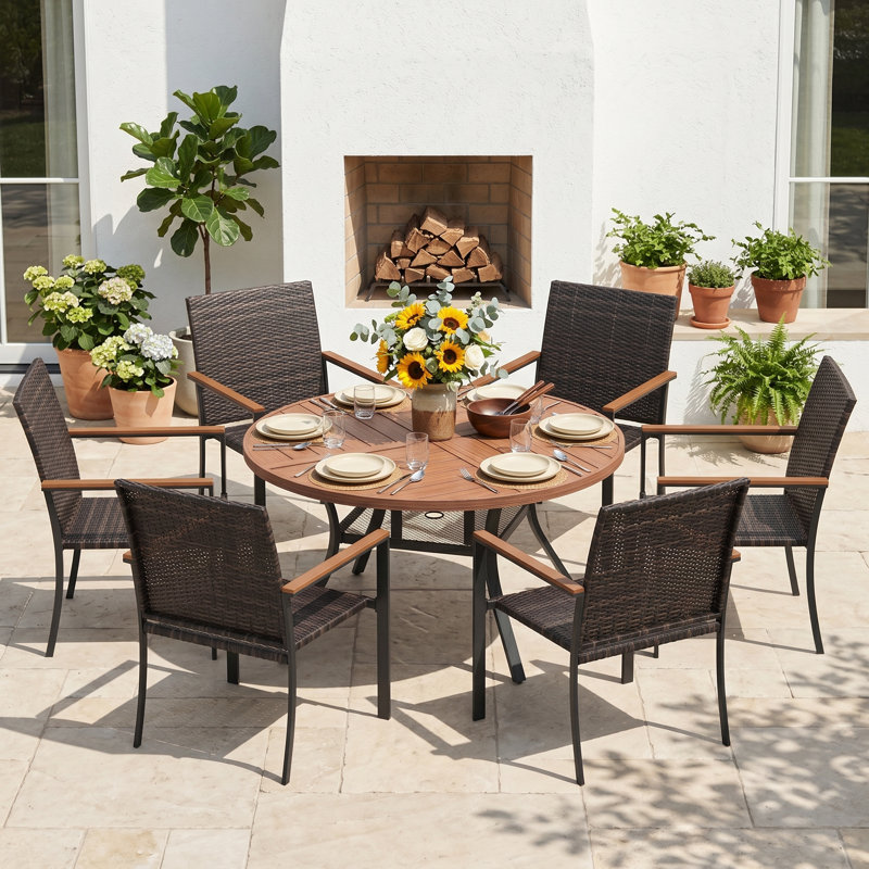 Ensemble de salle à manger de patio 6 personnes avec chaises en osier PE, Brush Wood Brown