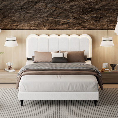 Lambswool Petal Headboard Bed Frame with Soft Atmosphere Light, Full Size, Cream Style for Cozy Bedrooms