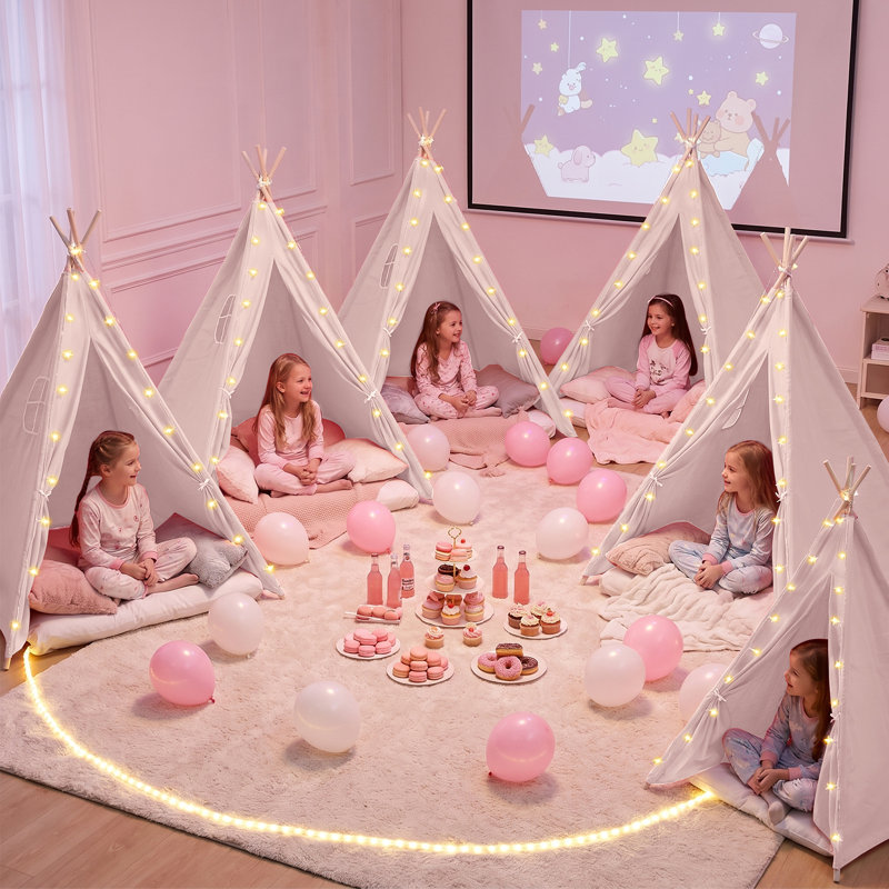 Ensemble de 6 tipis pour enfants, avec guirlandes lumineuses, en lin et coton, pliables, parfaits pour une soirée pyjama bohème ou une soirée cinéma. Parfait pour les fêtes d'enfants.