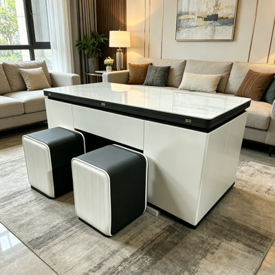 47.2'' Sintered Stone Lift-top Coffee Table With 2 Stools Modern 2-in-1 Dining And Work Table For Smart Living-- Arrtle Furniture
