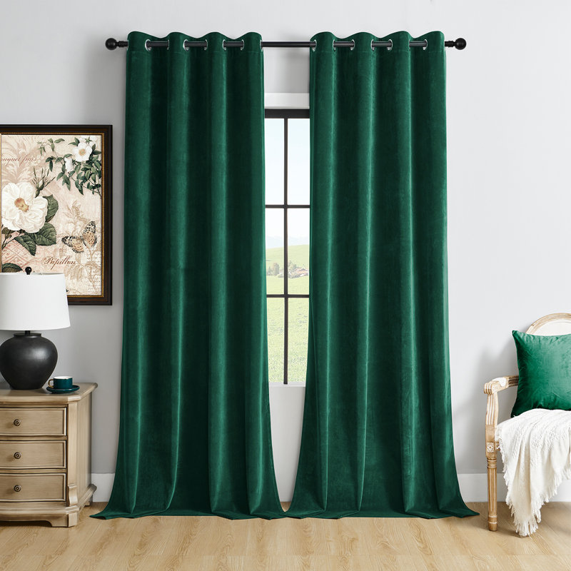 Velvet Solid Color Room Darkening Curtain Panels with Metal Grommets(Set of 2）, 52" W x 84" L, Dark Green