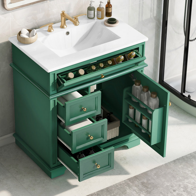 30" Bathroom Vanity With Sink, One Tip-Out Drawer, Three Drawers, Door Shelf, Soft Closing Door