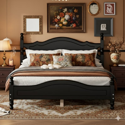 Queen-Size Wooden Platform Bed Frame With A Retro Style, Supported By Wooden Slats. Black Finish.