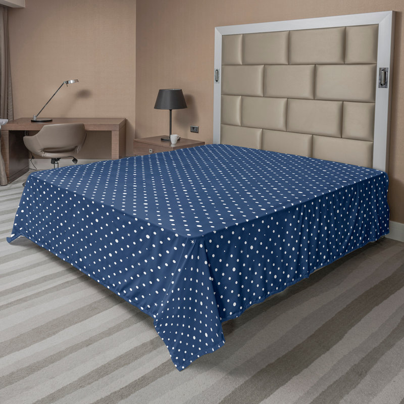 Ambesonne Top Flat Sheet Curving Art, Queen Flat Sheet, Indigo/White Dots