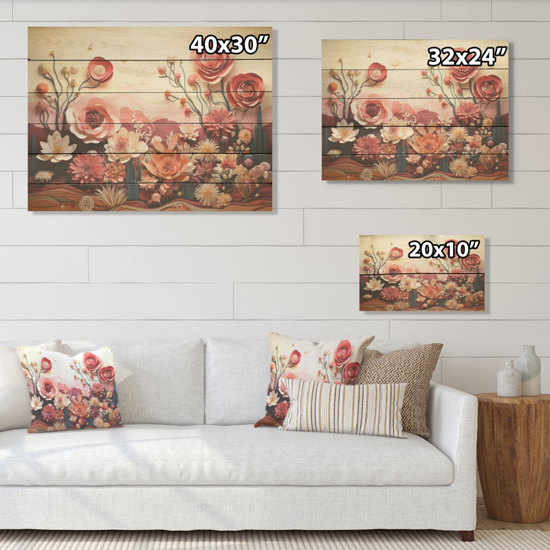 Cactus cramoisi collage - Art mural en bois de cactus sur bois de pin naturel, H 24 po x l 32 po