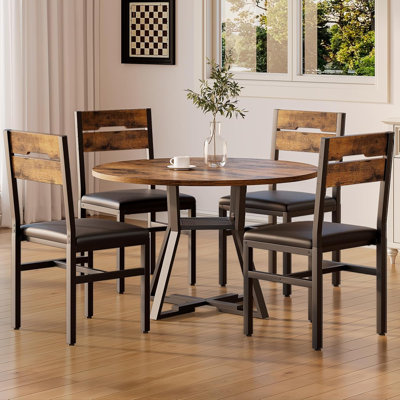 Dining Chairs Set of 4, Kitchen Chairs, Dining Room Chairs Upholstered, PU Leather, Industrial, Wooden Backrest & Thickened Metal Legs