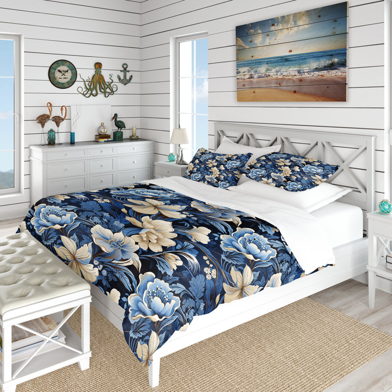 Ensemble de housse de couette russe, fleurs bleues et blanches Reflections II