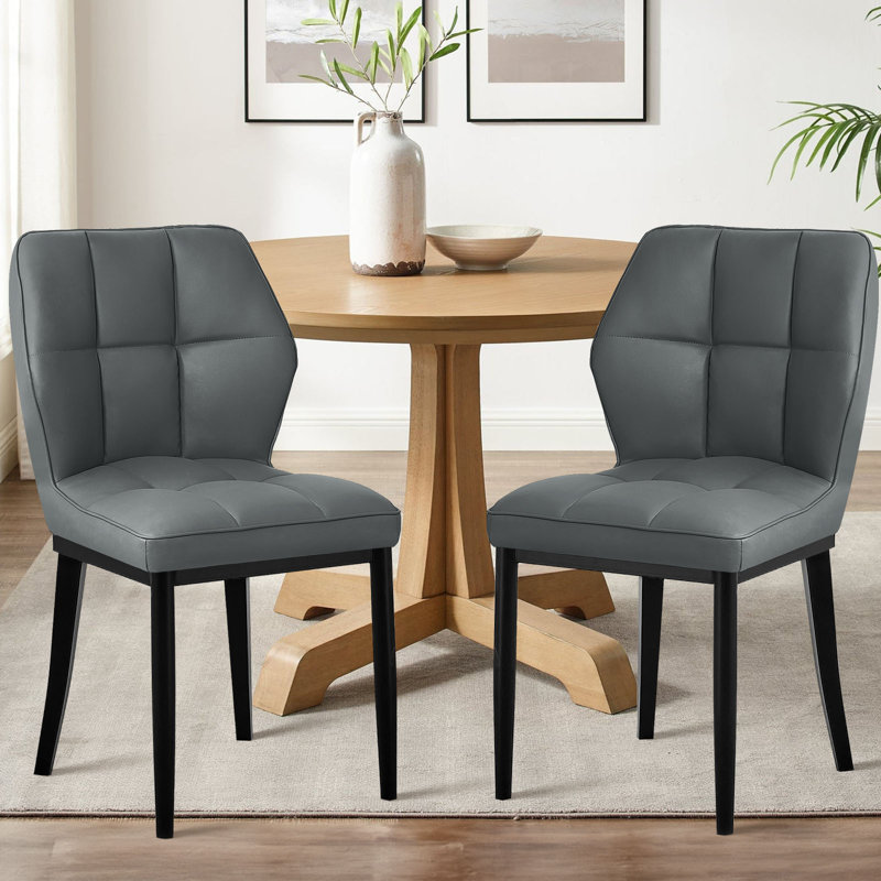 Raffertie 19.6" H PU Leather Upholstered Modern Dining Chairs With Black Metal Frame and Checker-Shaped Backerst, Gray, 4