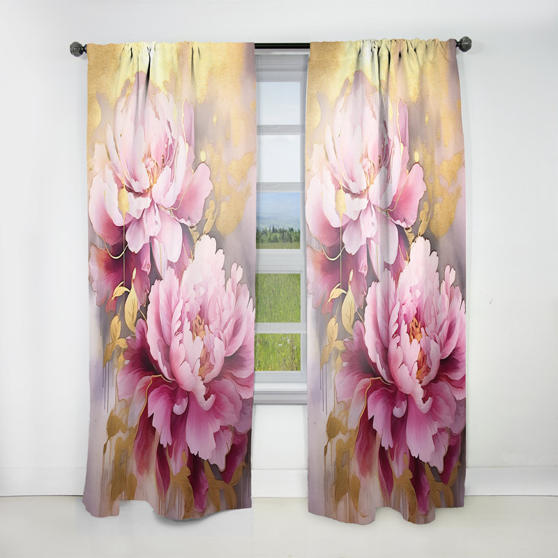 Amell Pink And Gold Peonies In Radiance I - Traditional Curtain - Velvet Room Darkening - 1 panel, 52" W x 63" L