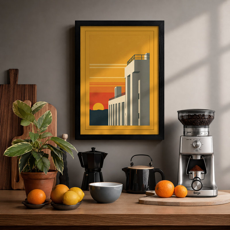Industrial Sunrise Art Deco - Framed Print, Black, A4 - 29.7 x 21.0 cm