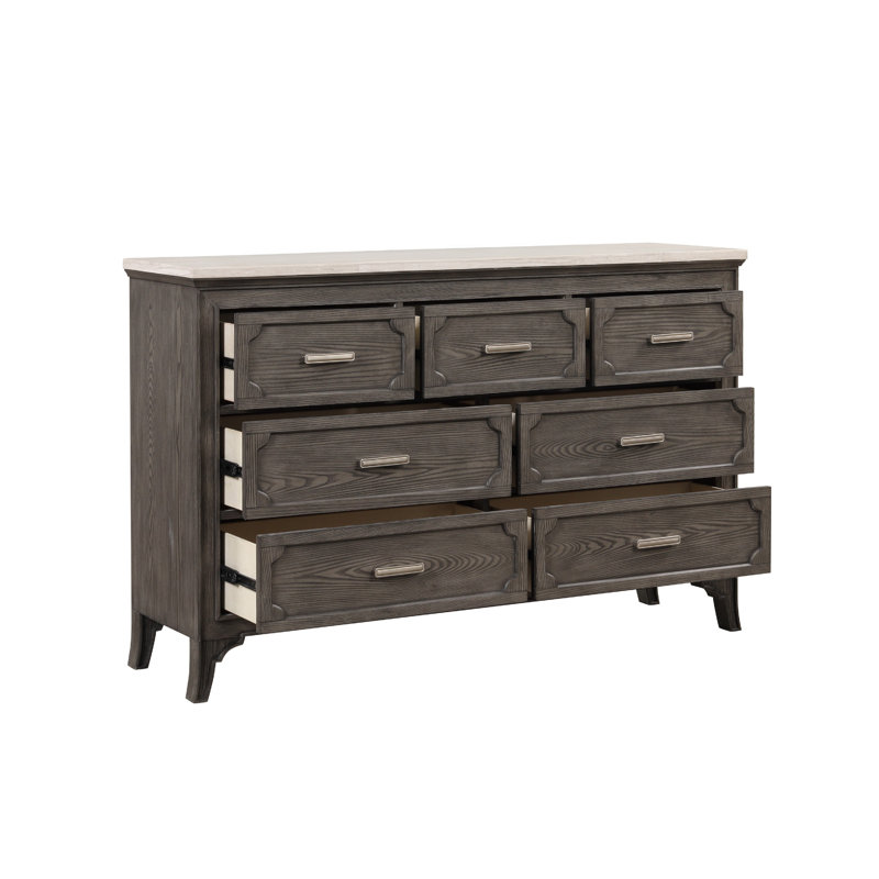Commode Leslee, 62 po, 7 tiroirs, plateau en marbre blanc, gris vieilli
