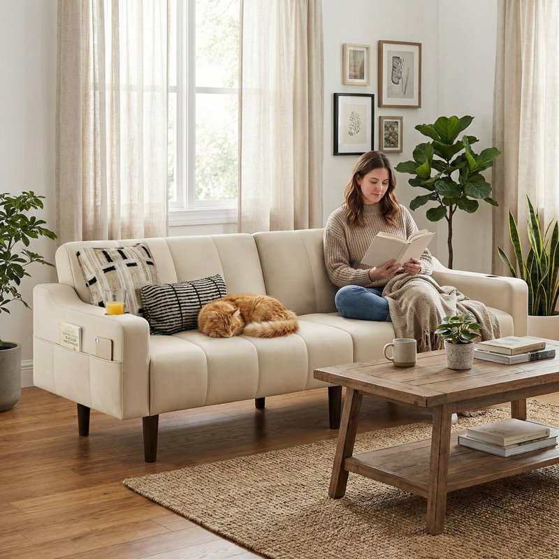 80" Modern Faux Leather Upholstered Sofa for Living Room, Beige