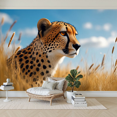 Peel and Stick Wallpaper 96" W x 69" H Modern Self Adhesive Wall Mural for Bedroom Cheetah Golden Savannah Grass Under Blue Sky Wildlife Photography