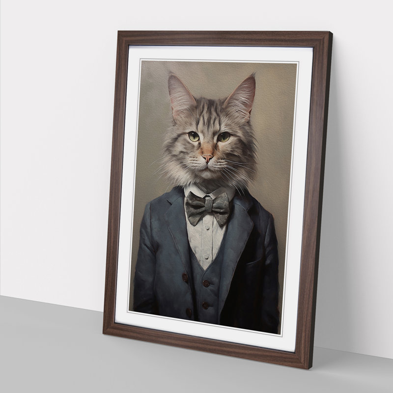 Cat In A Suit No.7 - Single Picture Frame Print on Wood, 46cm H x 34cm W x 2cm D, Walnut 