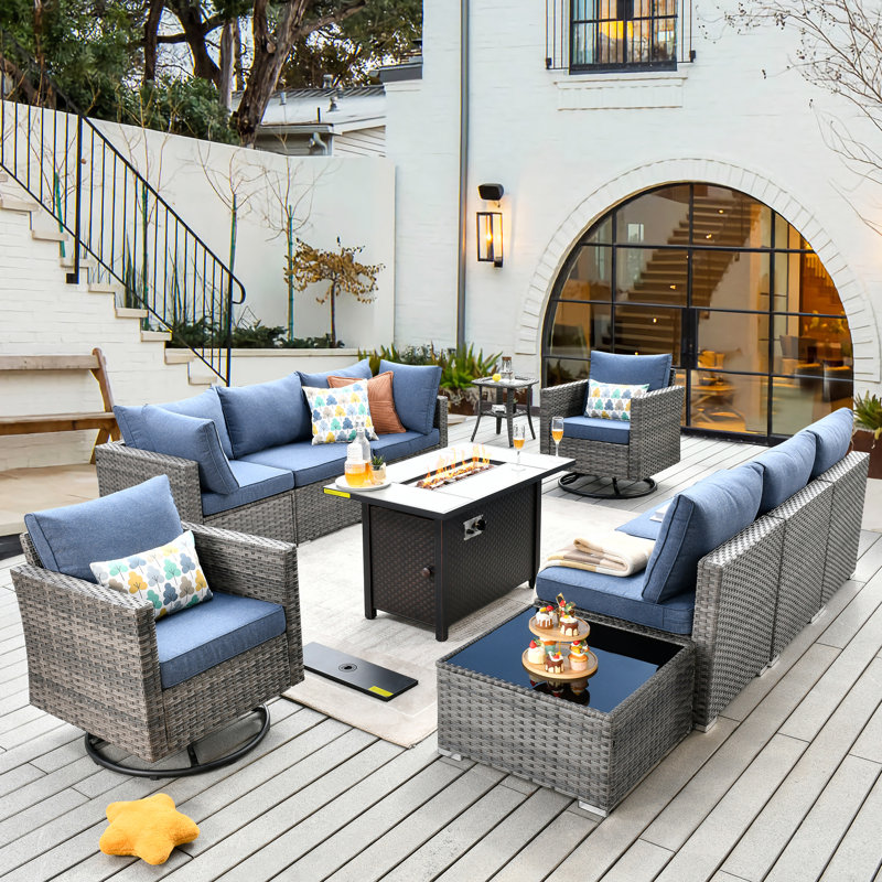 "8 - Person Patio Furniture Set With Swivel Rockers, Outdoor Wicker Rattan Sectional Seating Group With Cushions, All Weather Sofa Conversation Set With Fire Pit Table For Garden Backyard "