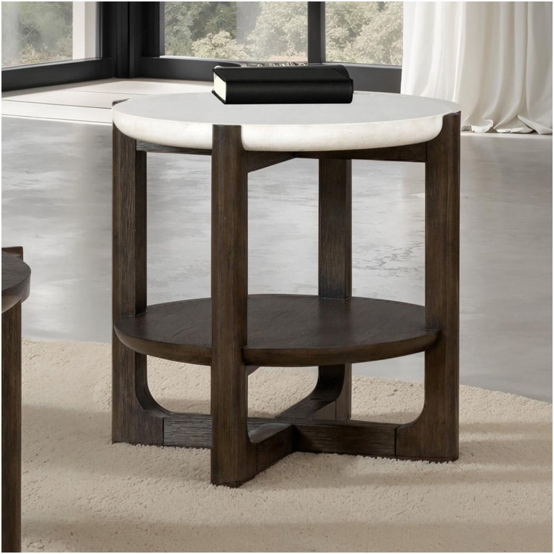 Table de bout de style transitionnel 1 pièce Table de bout en quartz avec base en tréteaux et finition noyer foncé