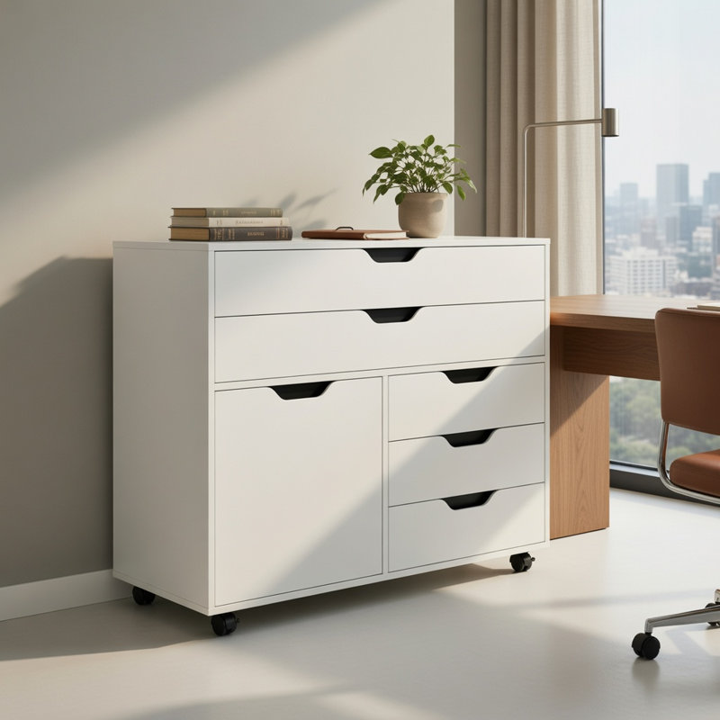  Armoire de rangement moderne à 5 tiroirs avec roulettes verrouillables et porte d'armoire, organisateur de bureau en bois d'ingénierie pour bureau à domicile, salle d'étude et salon, blanc