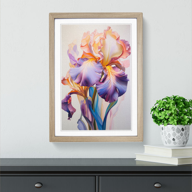 Iris Flower Hard Edge Painting No.2 - Single Picture Frame Print on Wood, 46cm H x 34cm W x 2cm D, Oak Framed