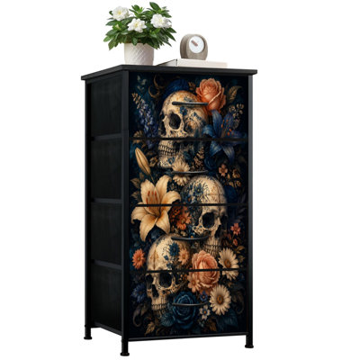 Commode pour chambre à coucher avec 4 tiroirs de rangement Crâne floral Botanique foncé Commode de style gothique Commode en tissu avec cadre en acier pour vestibule