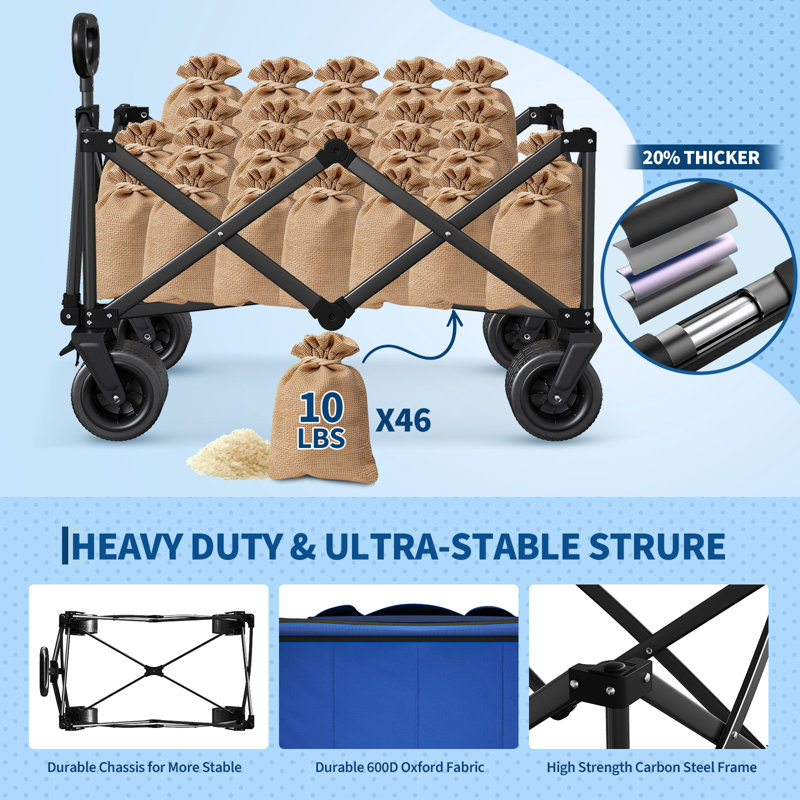 280L Collapsible Folding Camping Wagon Cart, 460 lbs Heavy Duty Festival Trolley with All-Terrain Wheels Brakes Elastic Rope Drink Holder for Beach Garden Outdoor Shopping