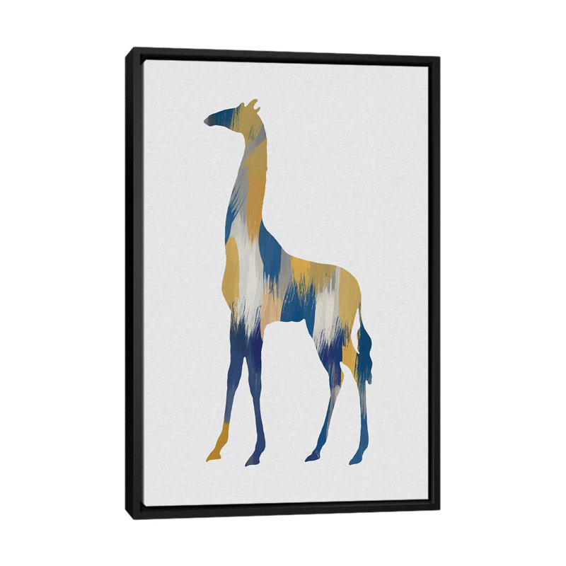 Girafe bleue et jaune - impression, H 60 po x l 40po x P 1,5 po, Toile avec cadre noir