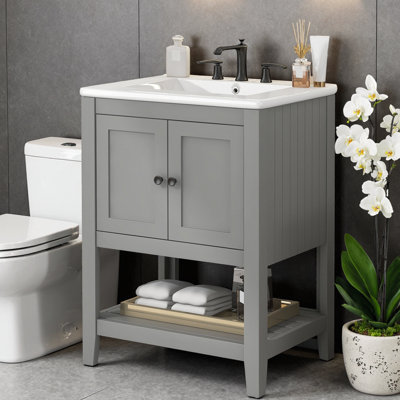Meuble-lavabo de 24 po de style Morandi avec lavabo en céramique Semilune, tablette inférieure ouverte, structure en bouleau massif, design minimaliste, robinet central de 4 po, style scandinave moderne