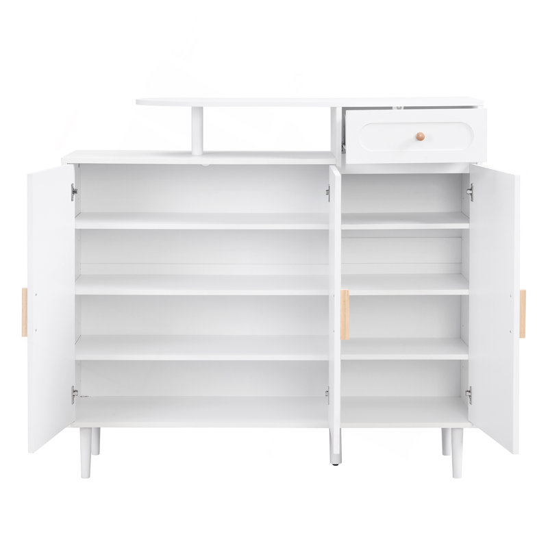 Rangement pour chaussures, armoire à chaussures élégante avec portes arquées et tiroir, buffet de rangement de style crème avec tablettes réglables et pieds en bois massif pour le vestibule, le salon