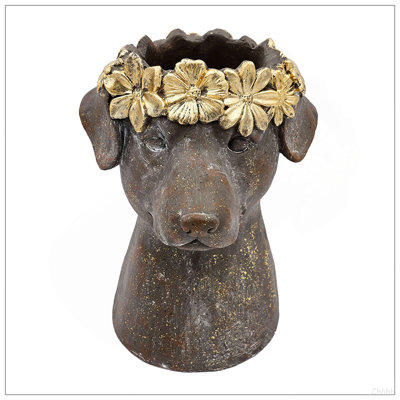 Pot à fleurs 9,3 x 9,3 x 13 po en magnésium avec fini brun texturé et couronne feuille d'or