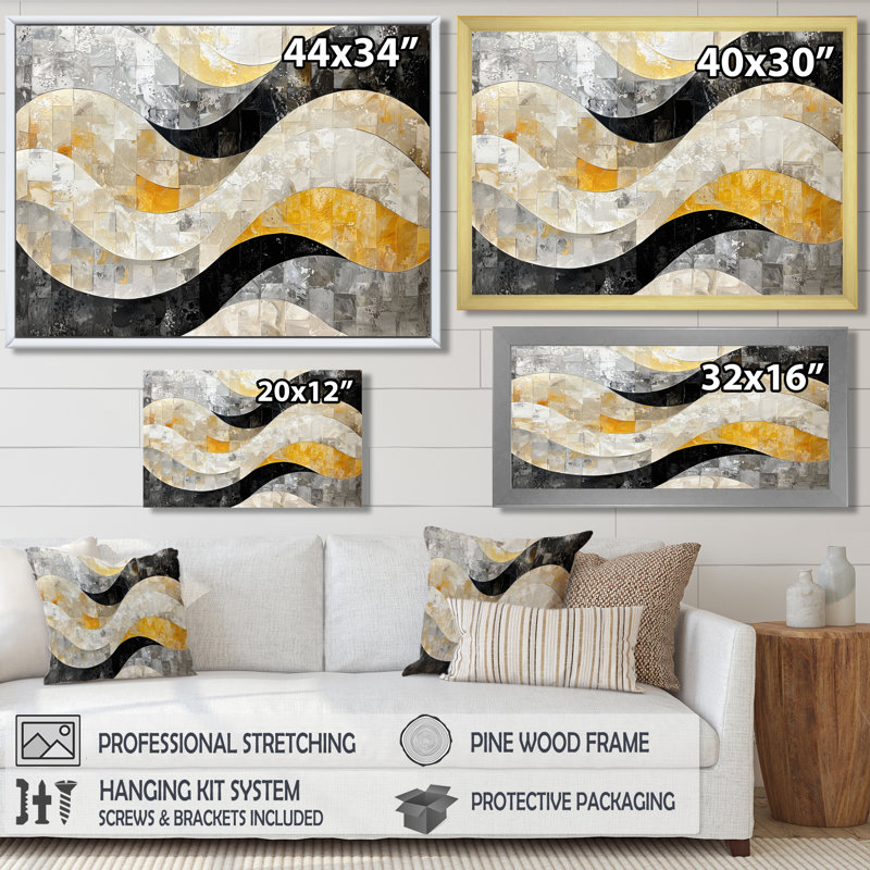 «Black Grey Paint Drift Mosaic Kinetic Art II», art mural abstrait grand, H 16 po x l 32 po, Impression encadrée flottante