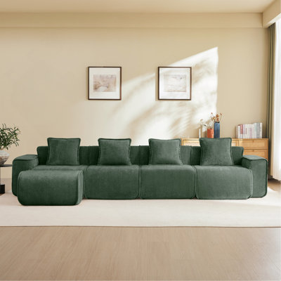 Canapé modulaire modulaire en L à 4 places avec passepoil à bordure française, aucun assemblage requis, canapé à 4 places avec coussins décoratifs et 1 repose-pieds mobile, tissu en velours vert