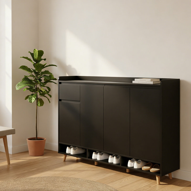 Modern Style Sleek and Contemporary Shoe Cabinet with Adjustable Shelves And Solid Wood Legs,  for Entryway, Living Room