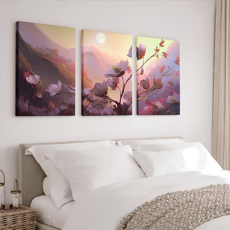Tableau sur toile tendue à motif floral violet (paquet de 3), H 18 po x l 36 po