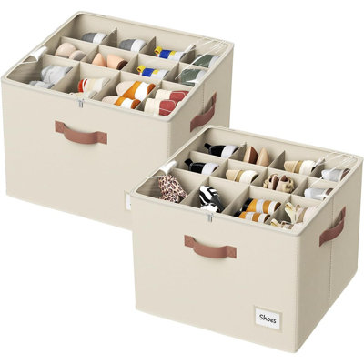 Fabric Shoe Storage Boxes For Closet – 2-Pack Beige Organizers With Clear Covers, Holds 16–32 Pairs Of Shoes, Boots, Sandals, Slippers