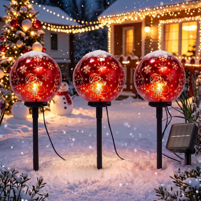 Lot de 3 boules de Noël solaires à planter dans le jardin, étanches et décorées de motifs de Père Noël et de flocons de neige, pour décorer cour, pelouse, jardin et allée.