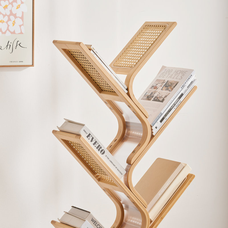 4-Tier Bamboo Bookshelf Curved Standing Tree Shelves Rattan Bookcase Storage Organizer, (4 Shelves) 24"H x 23.2"W x 7.9"D