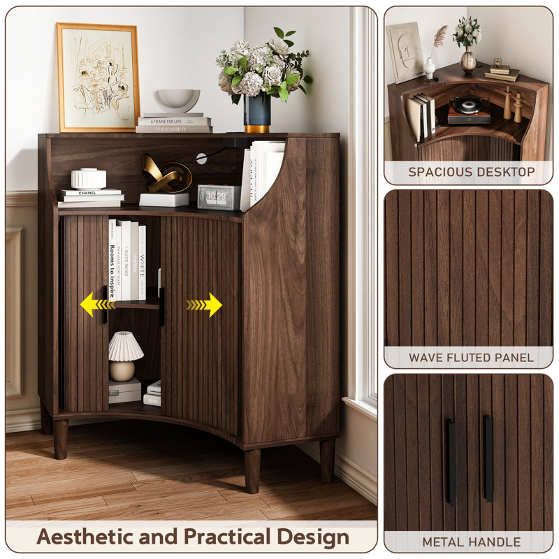 Fluted Corner Accent Cabinet With Sliding Doors And Storage Shelf