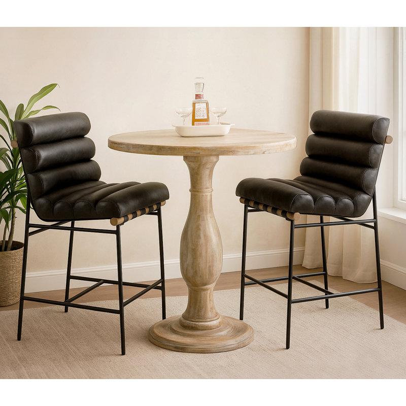 Gingras 36" Bar Table Set With 2 Layla Bar Chairs In Antique Black Authentic Leather