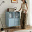 Armoire décorative moderne bleu + bois manufacturé argent + verre + acier inoxydable