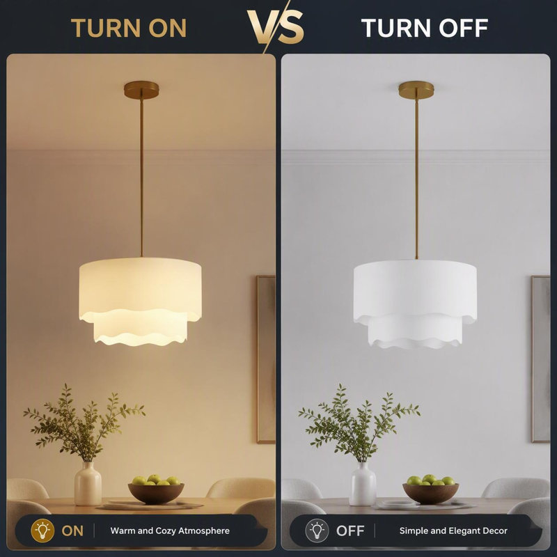 Luminaire suspendu de style campagne moderne à 2 niveaux avec lustre 19,6 po en tissu blanc pour chambre à coucher, salon, salle à manger, entrée