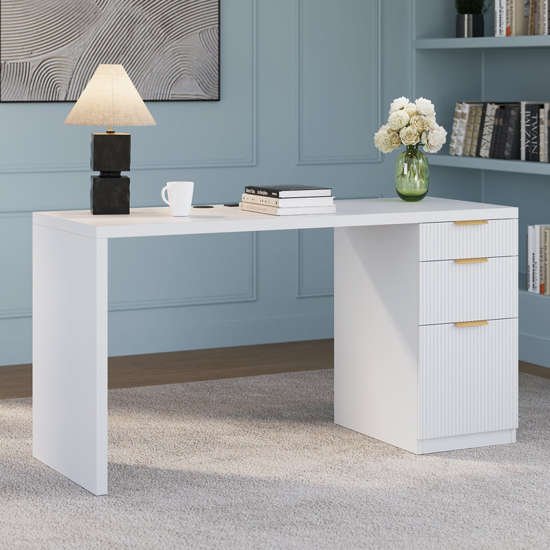 Ato 58" Modern Fluted Executive Desk With Storage, Home Office Desk With Drawer, Cabinet, Outlet, White