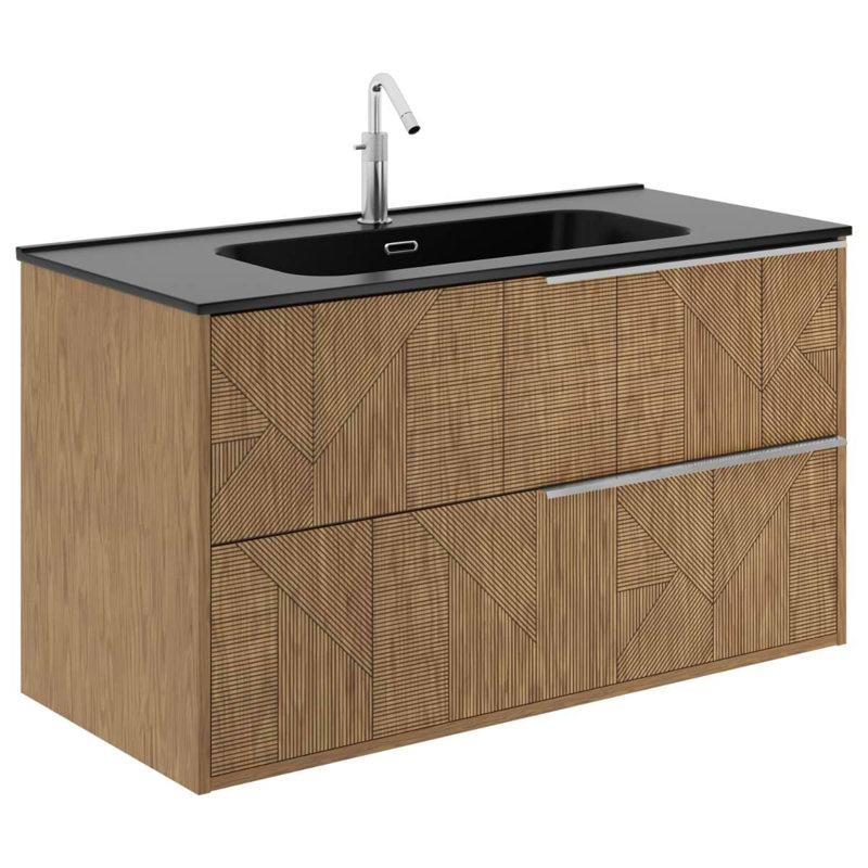 Kora Geo 24" Fluted Wall-Mounted Single Bathroom Vanity with Integrated Ceramic Top & Handles, Gold, 24"