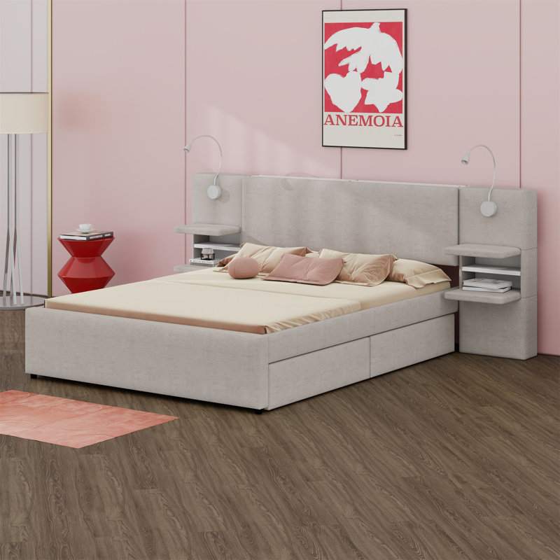 Lit plateforme tapissier avec lampes de lecture, tiroirs, lit gigogne et tablettes