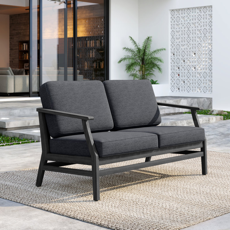 Clinkscales Solid Wood Teak Outdoor Loveseat With Cushion And Arms, Dark Gray, Black